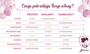 Tabela pokazuje, czego potrzebują włosy w zależności od ich stanu, by osiągnąć równowagę PEH.
