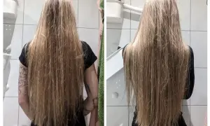 Długie, blond włosy przed i po zastosowaniu olejków do włosów. Włosy stały się gładsze i bardziej lśniące.