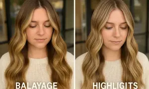 Porównanie balayage i pasemek na włosach. Balayage daje subtelne refleksy, pasemka są bardziej widoczne.