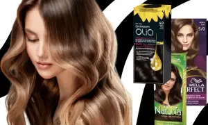 Kobieta z pięknymi, falowanymi włosami w odcieniu jasny brąz. Obok opakowania farb do włosów Garnier Olia, Joanna Naturia i Wella.