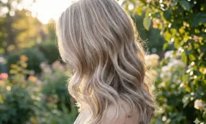 Kobieta z falowanymi, blond włosami, które mienią się w słońcu. W tle rozmyty ogród z kwiatami. Idealne tonery do włosów dla naturalnego blasku.