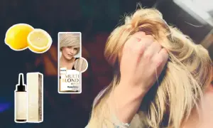 Balejaż blond na włosach, cytryny i kosmetyki do rozjaśniania.