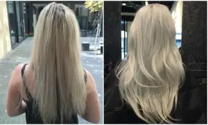 Przed i po: włosy przed i po zabiegu Olaplex. Włosy po zabiegu są jaśniejsze i bardziej lśniące.