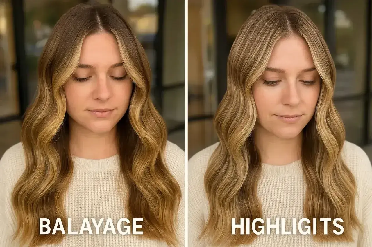 Porównanie balayage i pasemek na włosach. Balayage daje subtelne refleksy, pasemka są bardziej widoczne.
