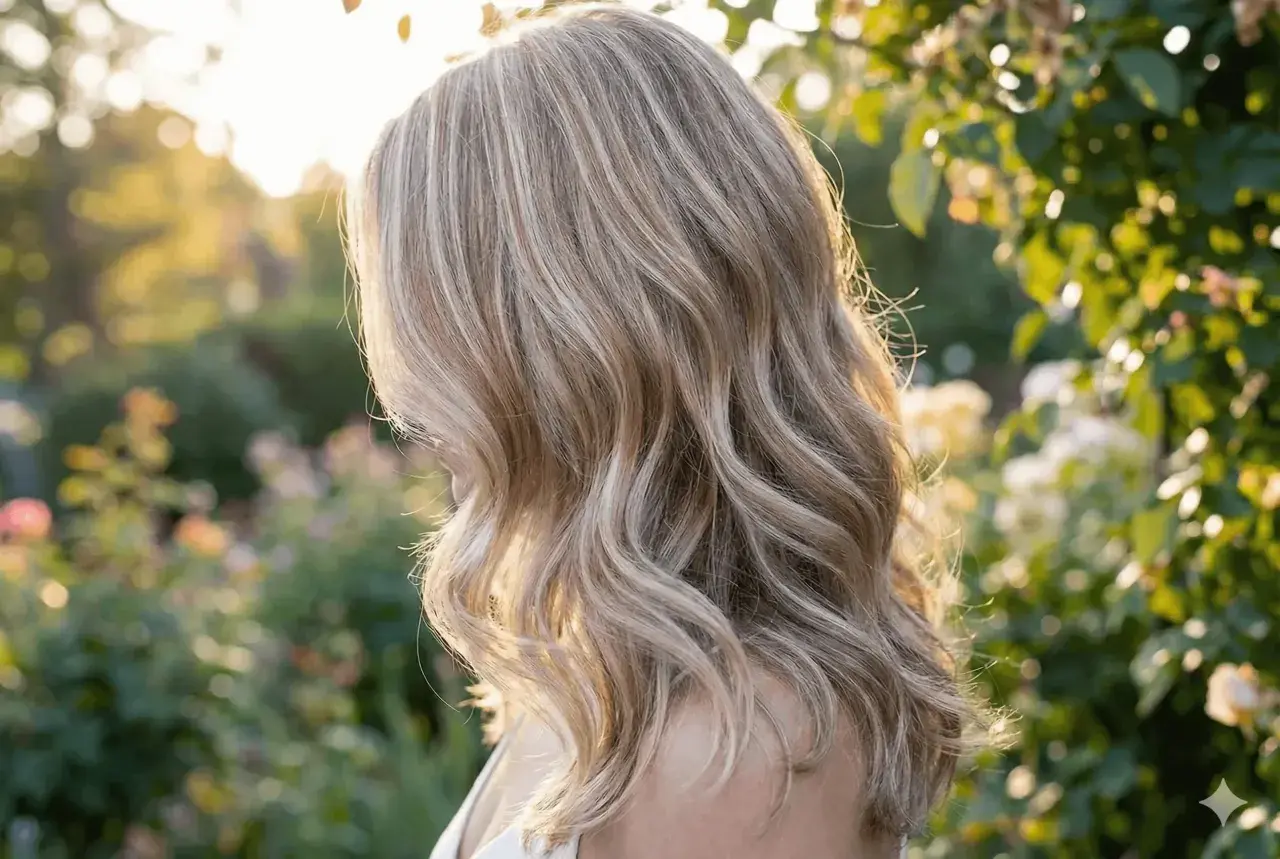 Kobieta z falowanymi, blond włosami, które mienią się w słońcu. W tle rozmyty ogród z kwiatami. Idealne tonery do włosów dla naturalnego blasku.