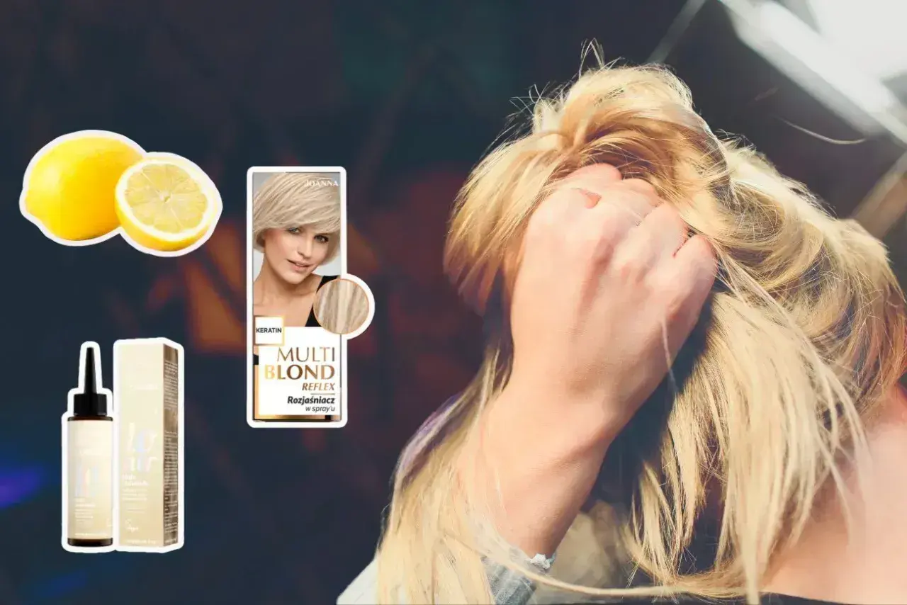 Balejaż blond na włosach, cytryny i kosmetyki do rozjaśniania.