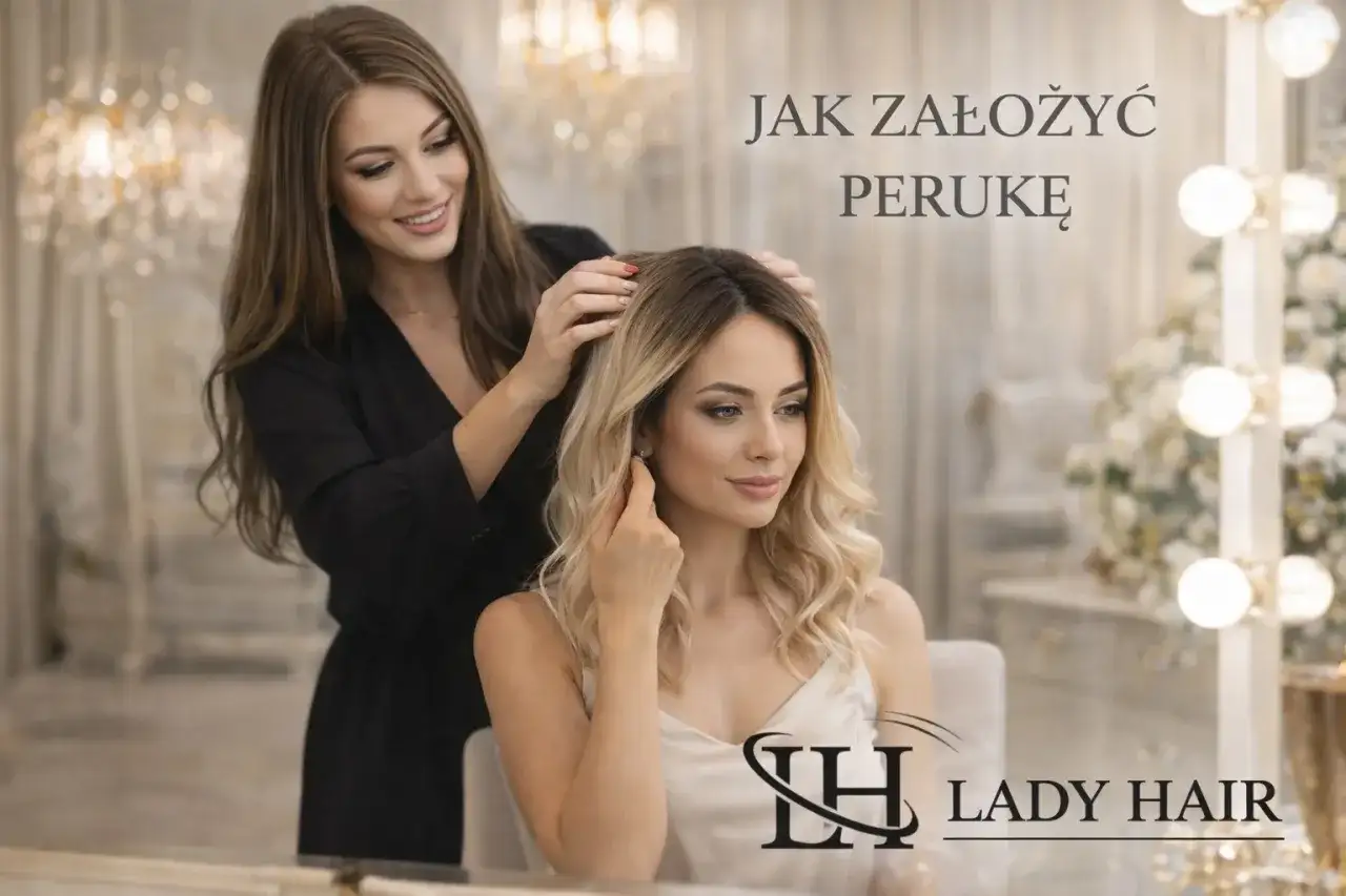 Stylistka pomaga kobiecie założyć perukę. Poradnik "Jak założyć perukę" z logo Lady Hair.