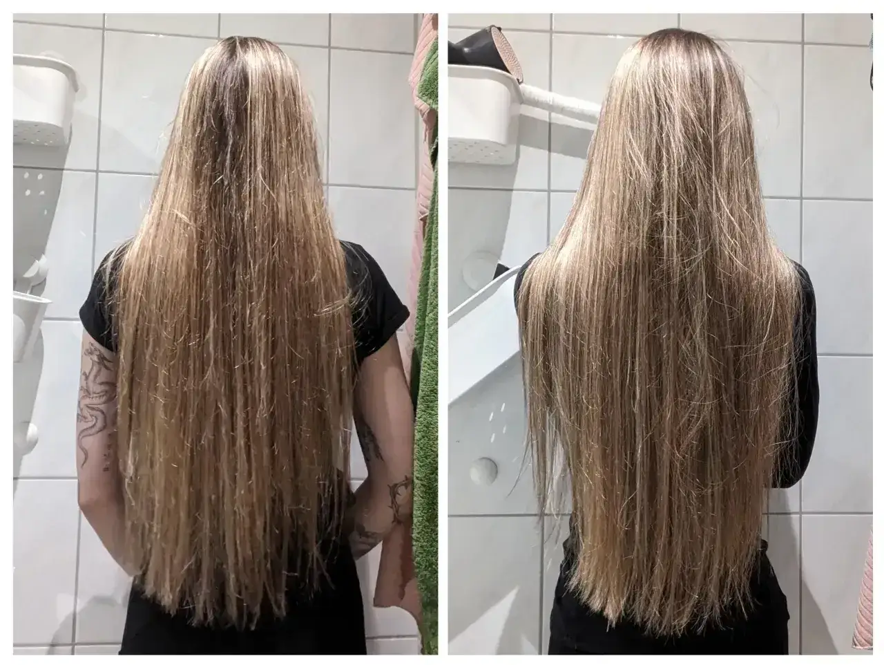 Długie, blond włosy przed i po olejowaniu. Zastanawiasz się, jaki olej do olejowania włosów wybrać, by uzyskać taki efekt?