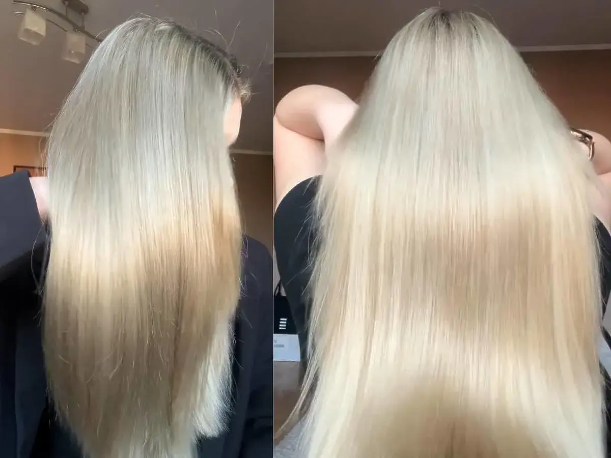 Długie, blond włosy po zastosowaniu wody lamelarnej. Włosy są wygładzone i lśniące, widać różnicę w ich kondycji.