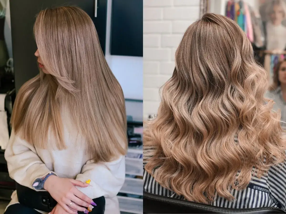 Dwie kobiety prezentują modne kolory włosów: jeden prosty, beżowy blond, drugi falowany, z subtelnymi refleksami.