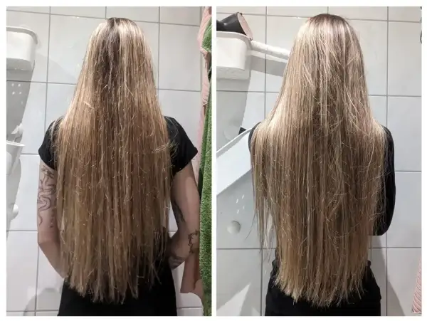 Długie, blond włosy przed i po zastosowaniu olejków do włosów. Włosy stały się gładsze i bardziej lśniące.