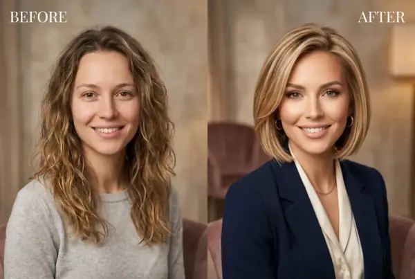 Przed i po: metamorfoza z kręconych włosów w elegancką fryzurę bob.